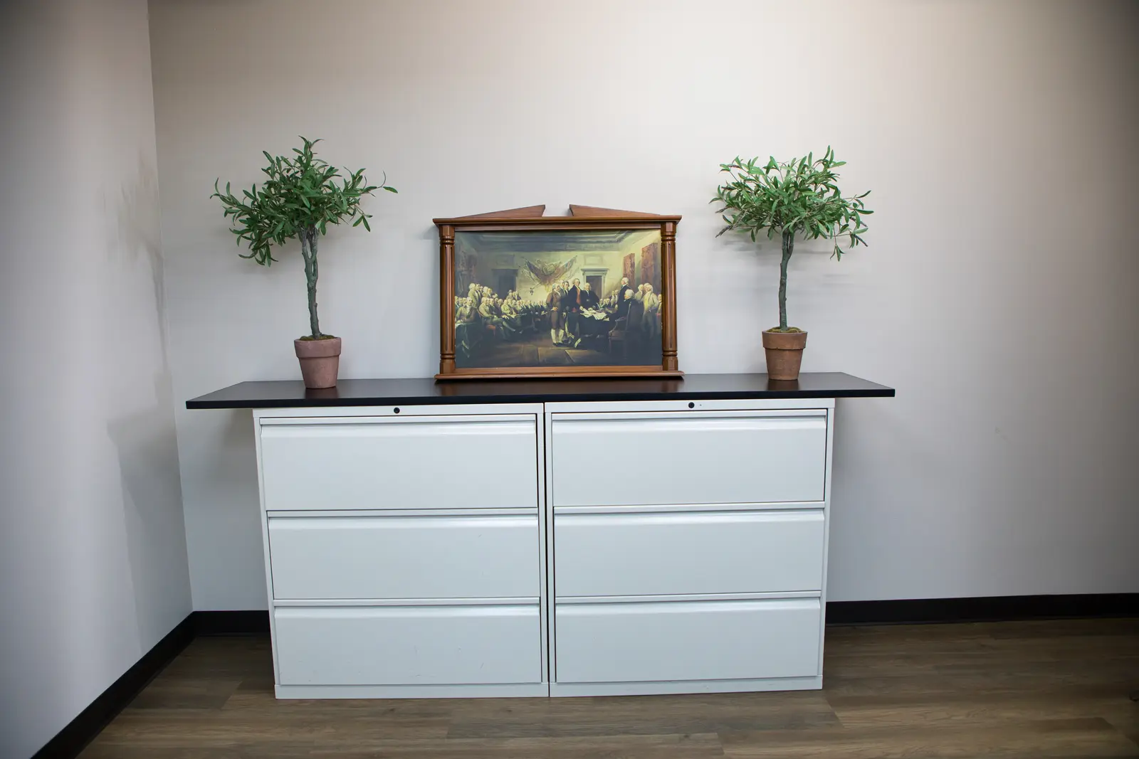 Conference Room credenza with topiary plants and a framed historical painting