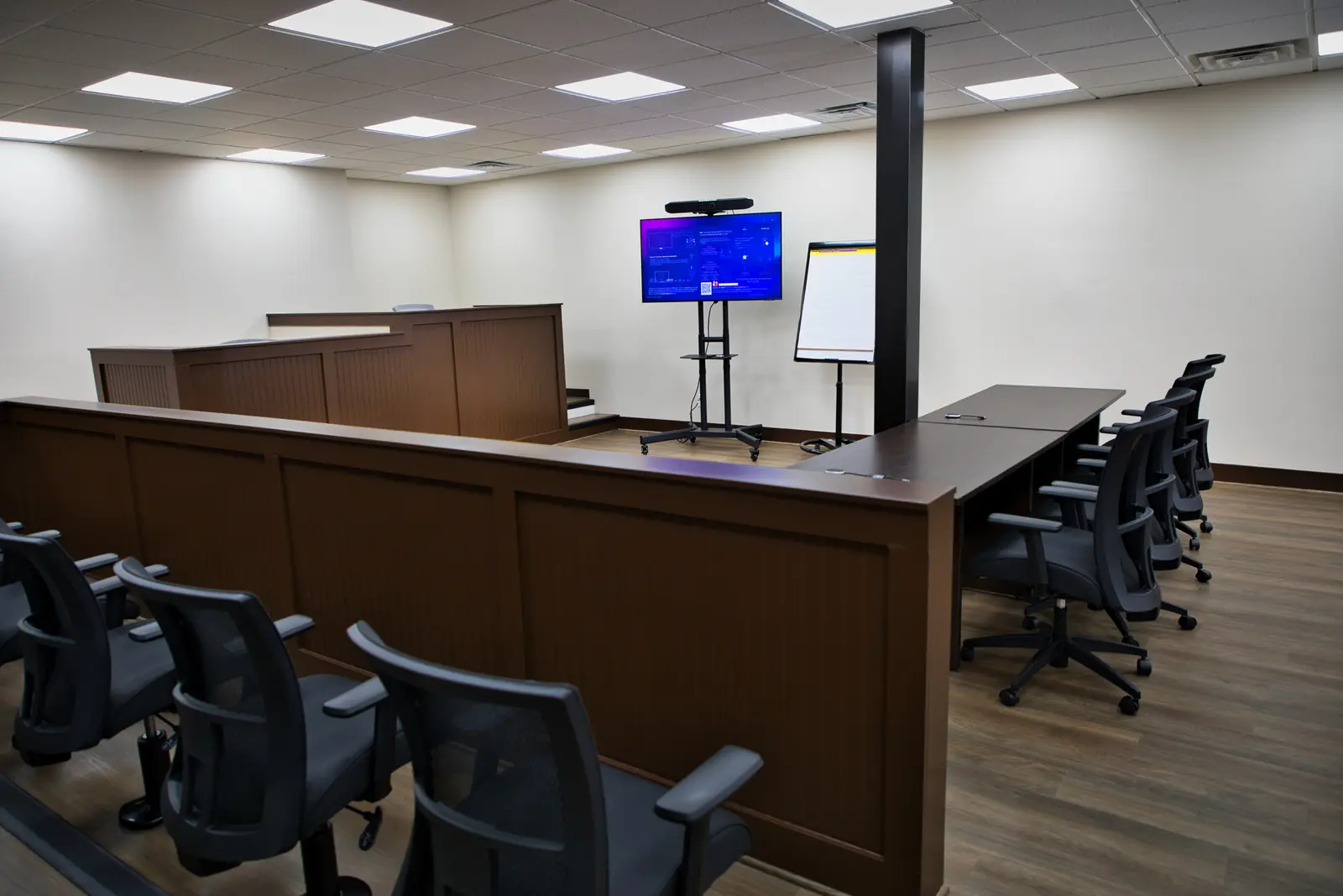 Mock Court Room raised judge's bench and witness area with a presentation display